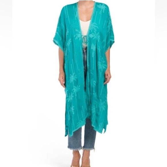 Johnny Was Tops - Johnny Was Palm Georgia Kimono Turquoise Teal Embroidered Long duster Jacket O/S